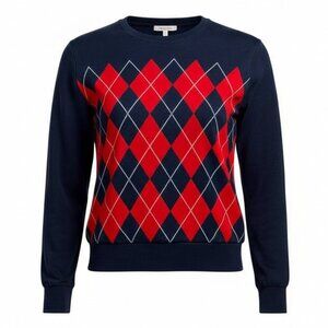 Tommy Hilfiger Cotton Argyle V-Neck Long Sleeve Sweater in Classic Navy and Red